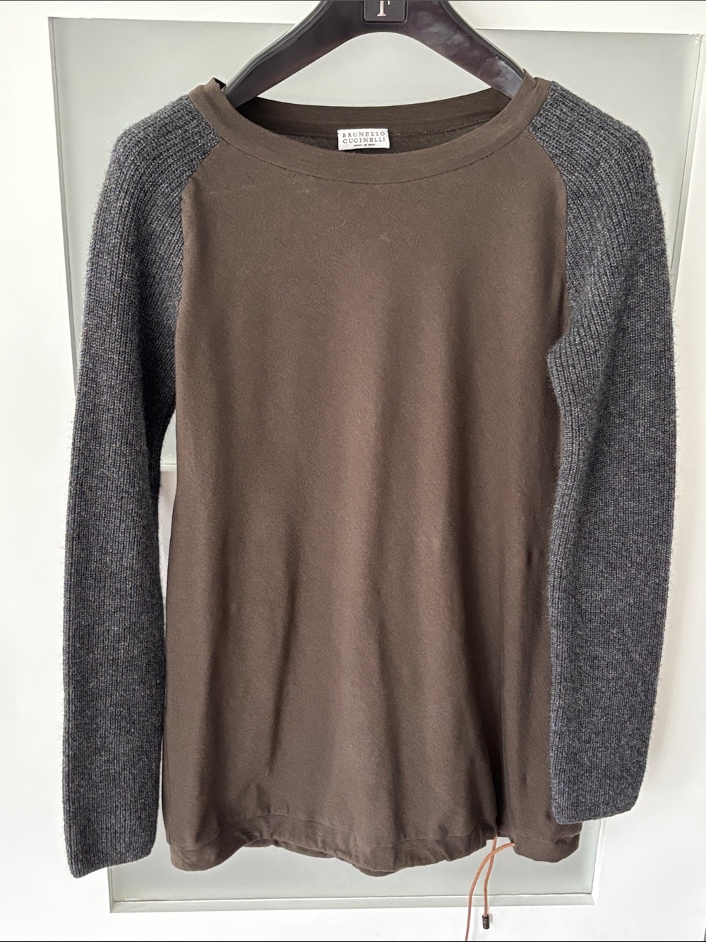 Brunello Cucinelli Brown Body with Gray Knit Sleeve Pullover